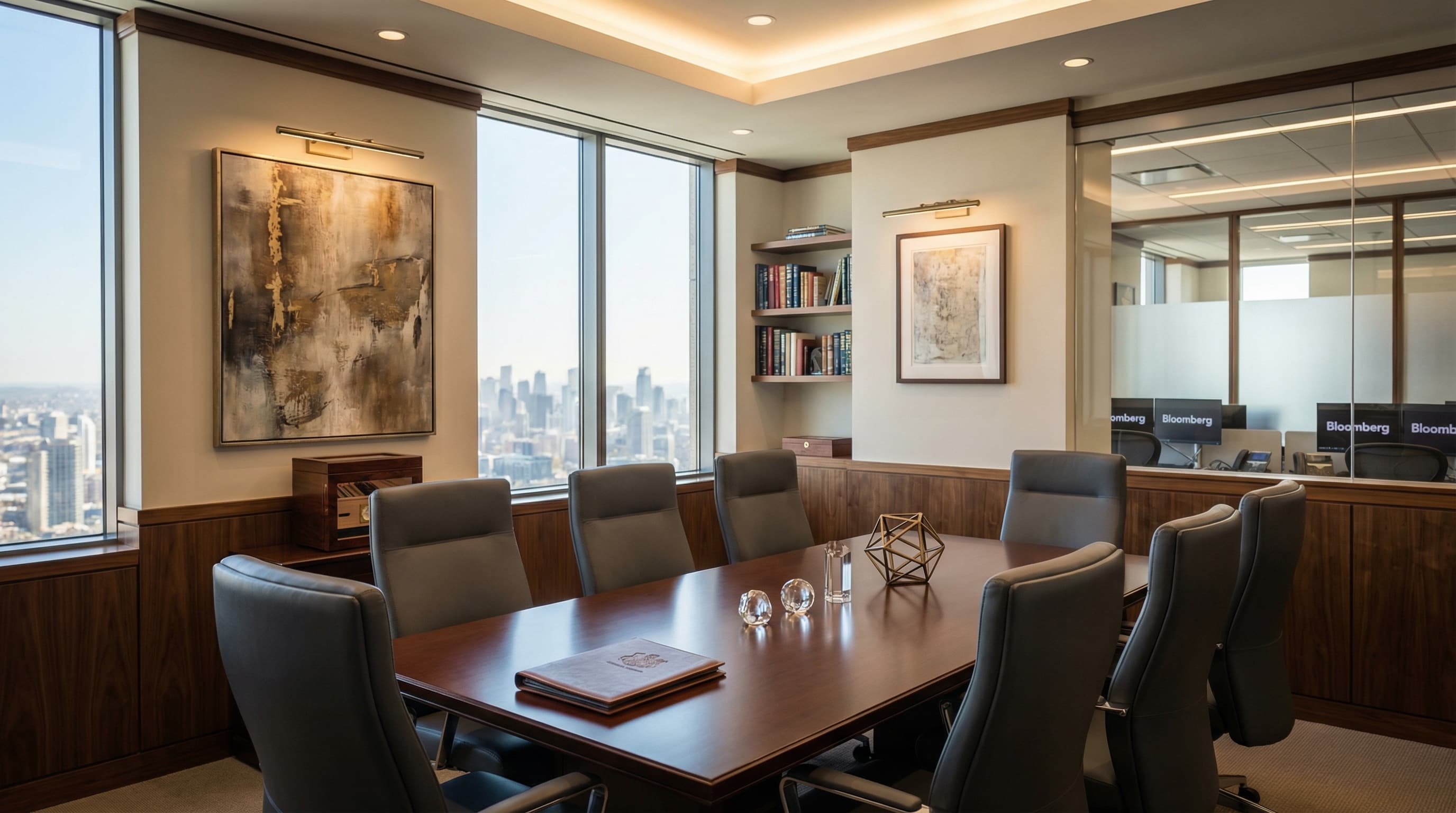 Sophisticated family office interior with panoramic city views and elegant wealth management setting