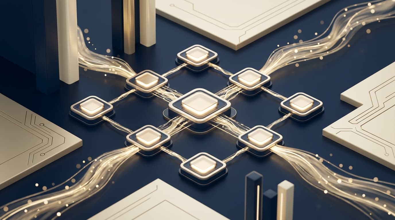 Abstract visualization of automated hotel technology infrastructure showing AI systems, IoT sensors, and digital guest experience platforms