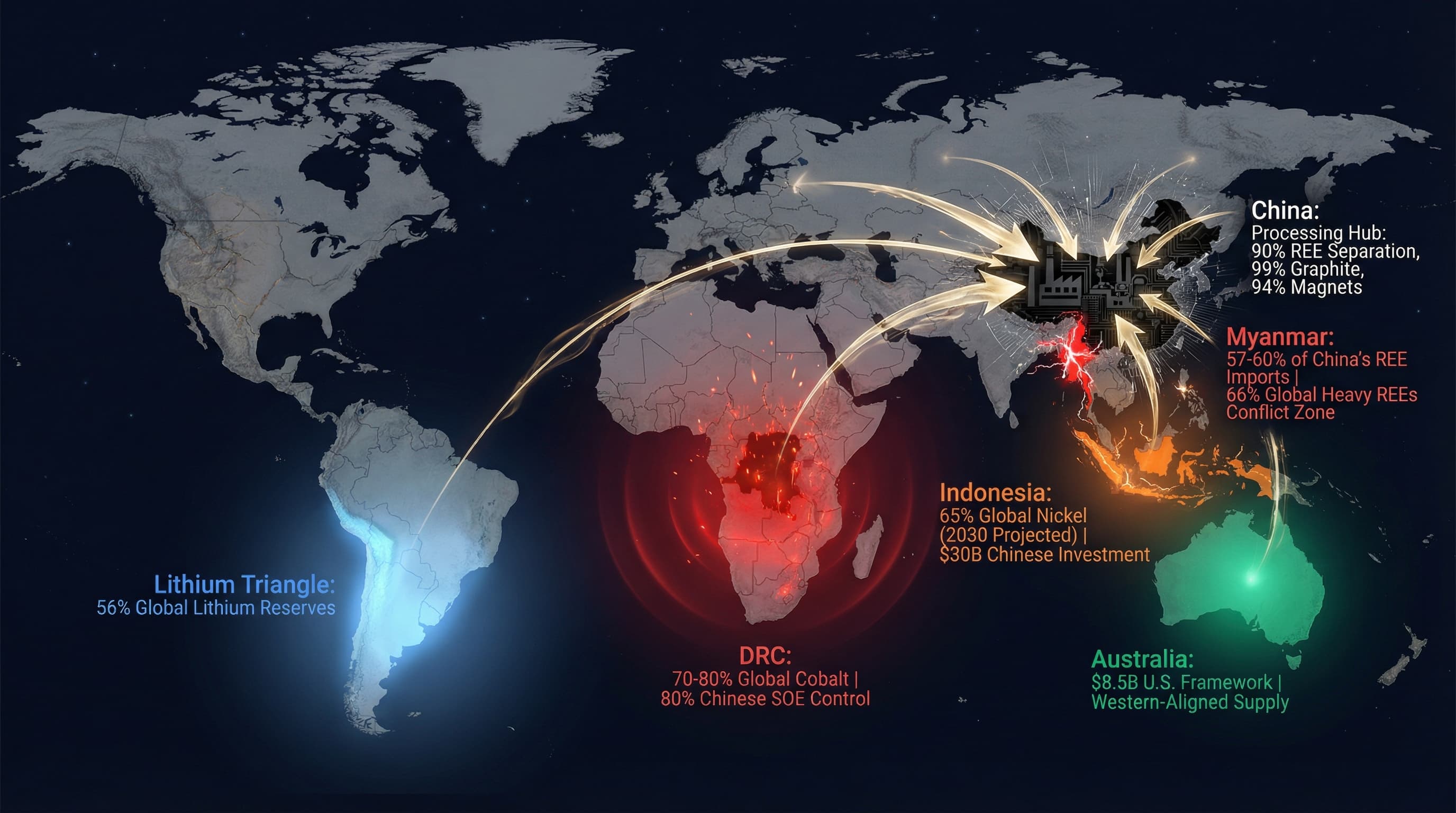 Global critical mineral geography showing Chinese control over DRC cobalt, Indonesian nickel, Myanmar rare earths, and processing infrastructure across key strategic regions