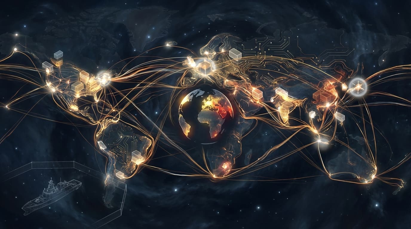 Abstract visualization of global trade realignment and bloc formation